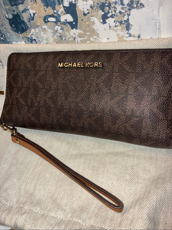 Michael Kors Handbags - NWOT Michael Kors Dark Brown Logo Zip-Around Wristlet Wallet with Gold Hardware